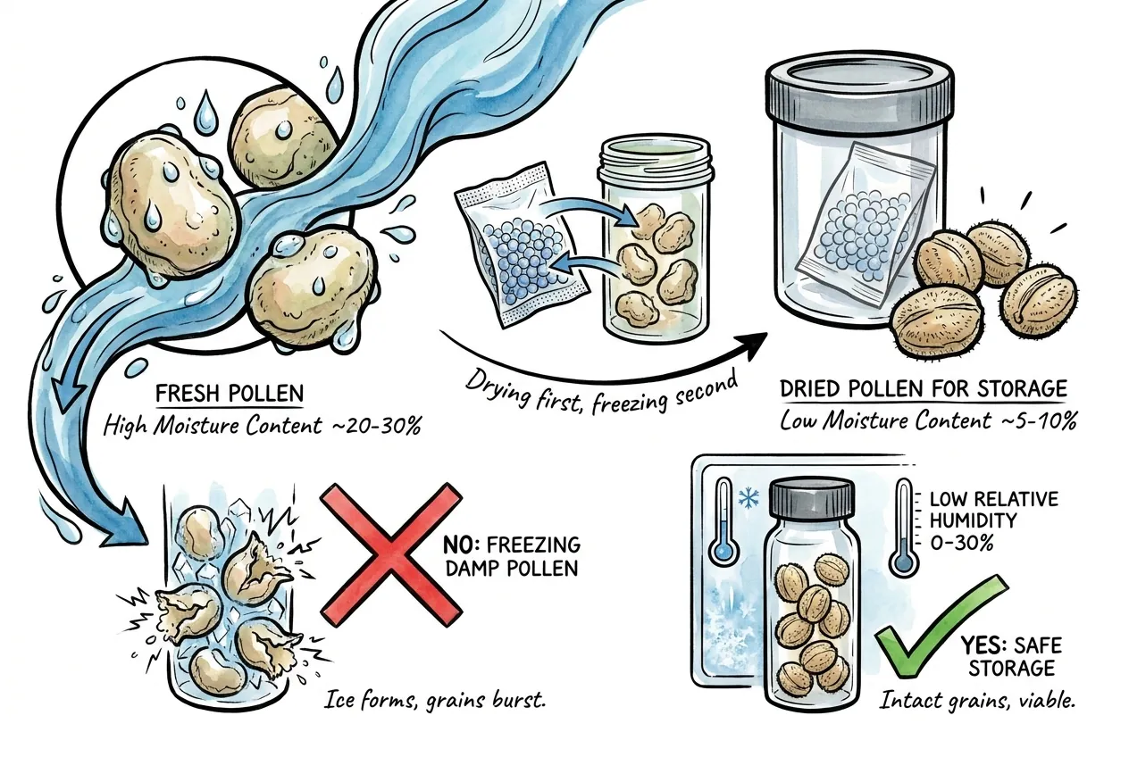 Illustration of pollen drying, drawn as large seed-like grains, with moisture and humidity figures that are not established for Anthurium