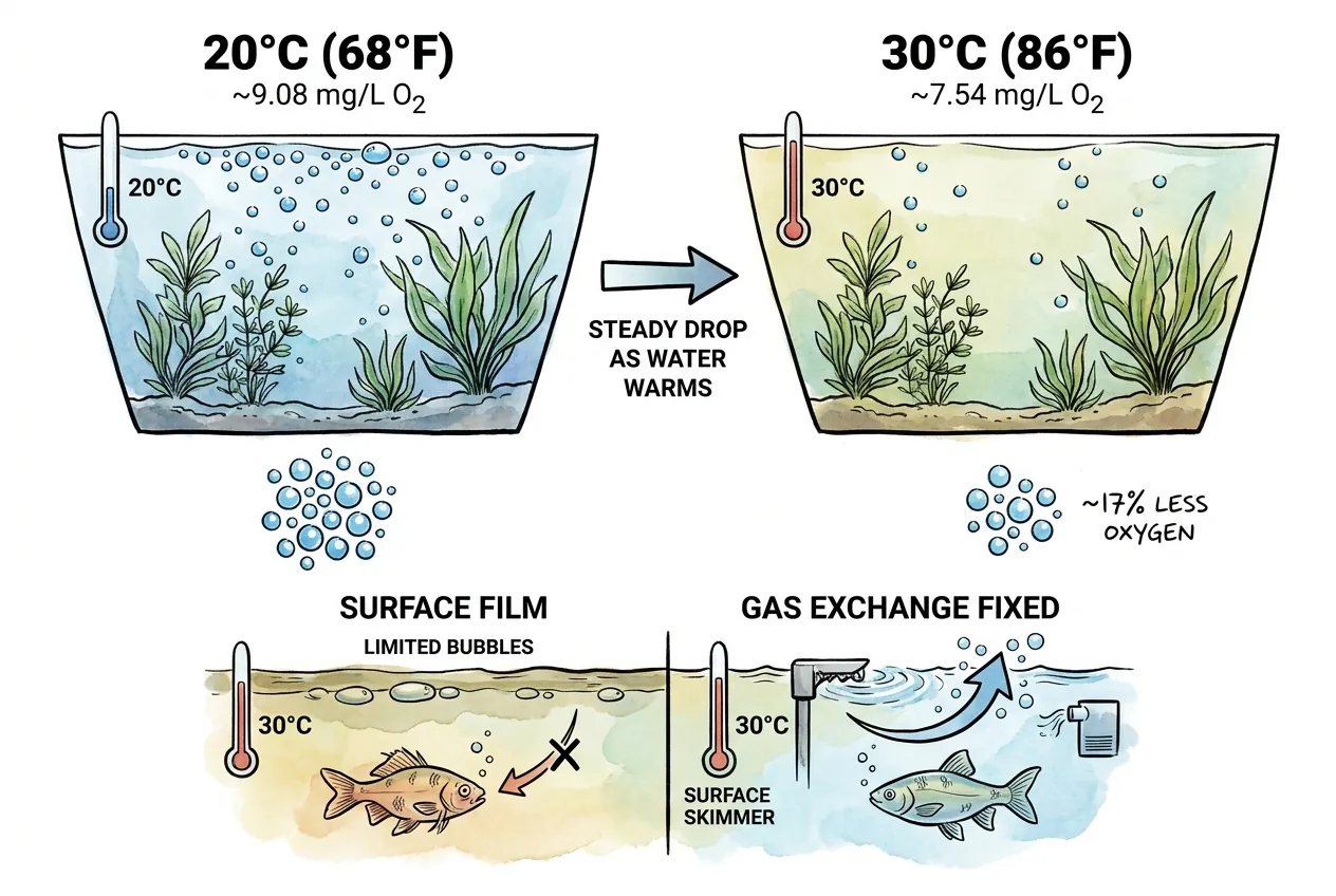 Chart of dissolved-oxygen saturation falling as freshwater warms from 20 to 30 degrees Celsius