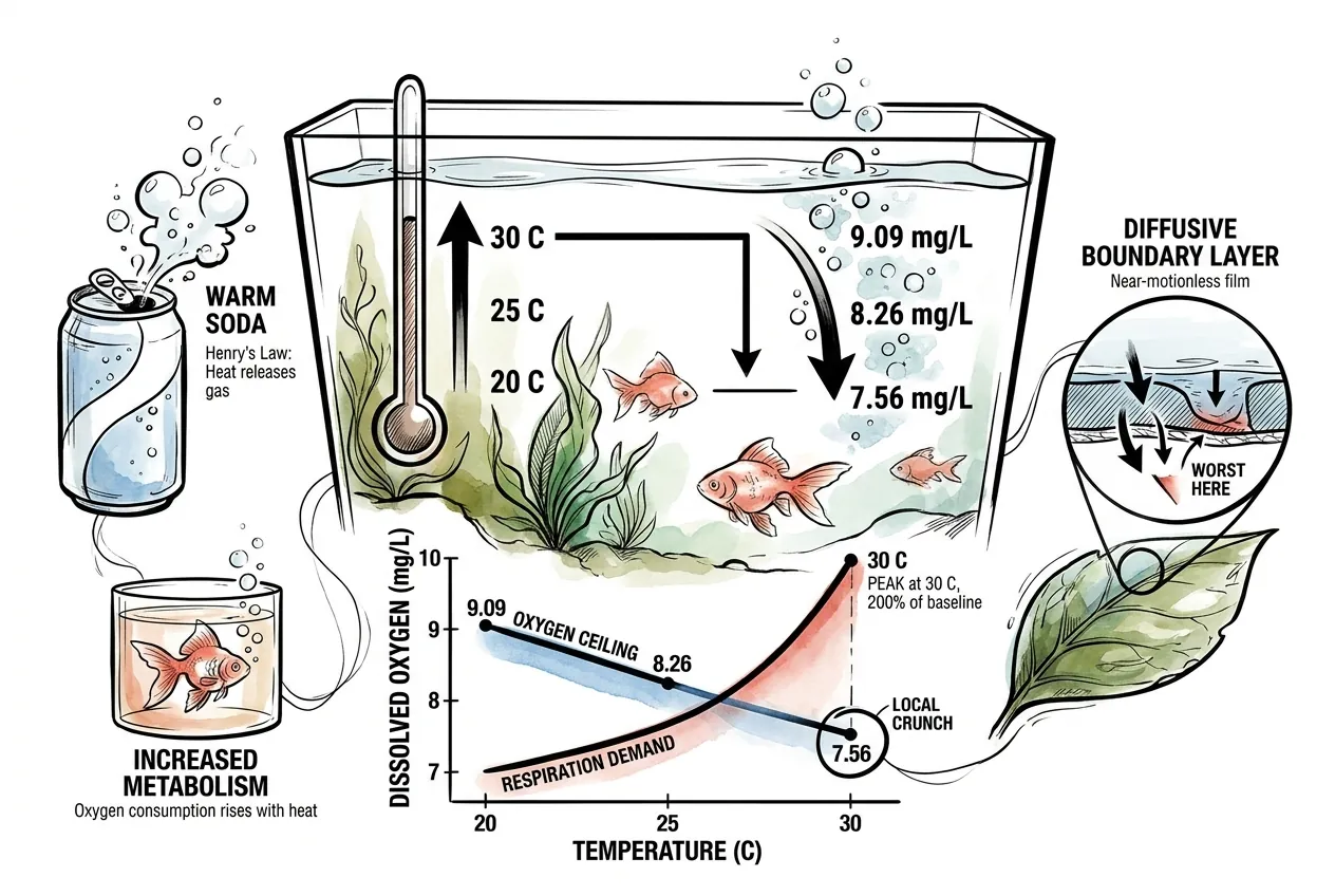 Dissolved oxygen falling with temperature: 9.09 mg/L at 20°C, 8.26 at 25°C, 7.56 at 30°C, warm-soda analogy