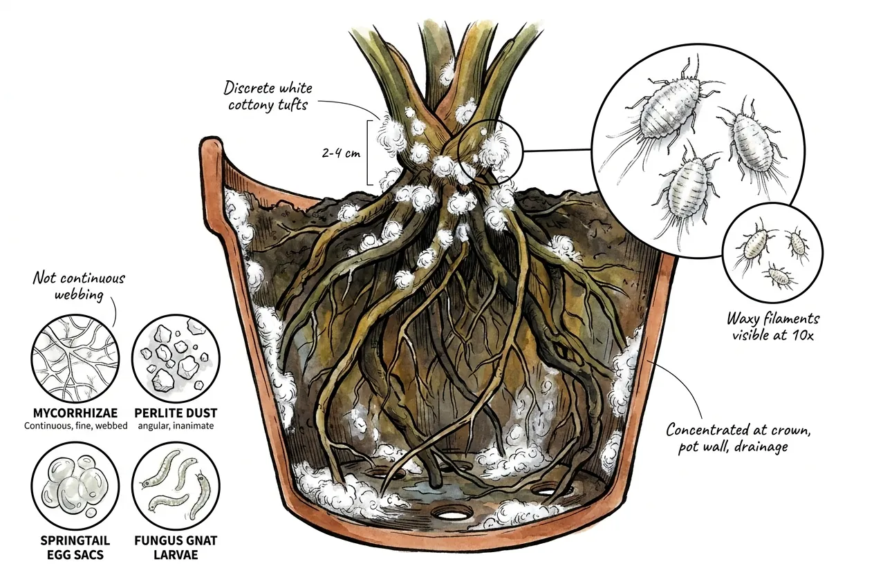 Conceptual illustration of white waxy soil-mealybug specks on a verrucosum root ball.
