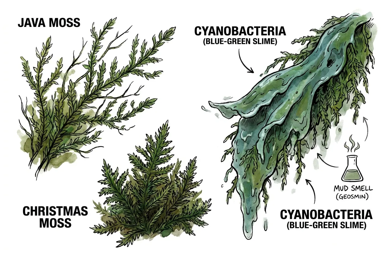A sheet-like green cyanobacteria mat peeling off a moss surface