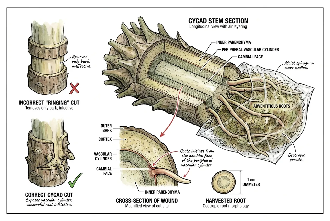 Illustration of adventitious roots emerging from the peripheral vascular tissue at a cycad stem wound