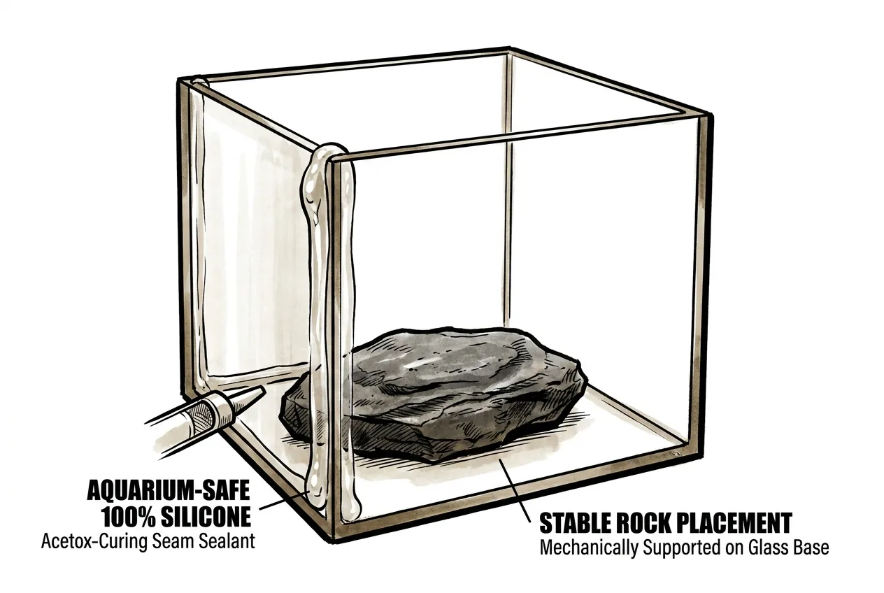 Watercolor cutaway of a small glass aquarium cube showing a sealed inside corner seam, a rock resting on the glass base, an Anubias and a Cryptocoryne, and small fish in clear water.