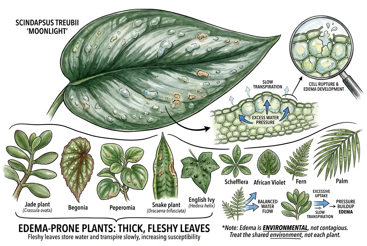 Thick fleshy aroid and succulent leaves prone to water-storage edema