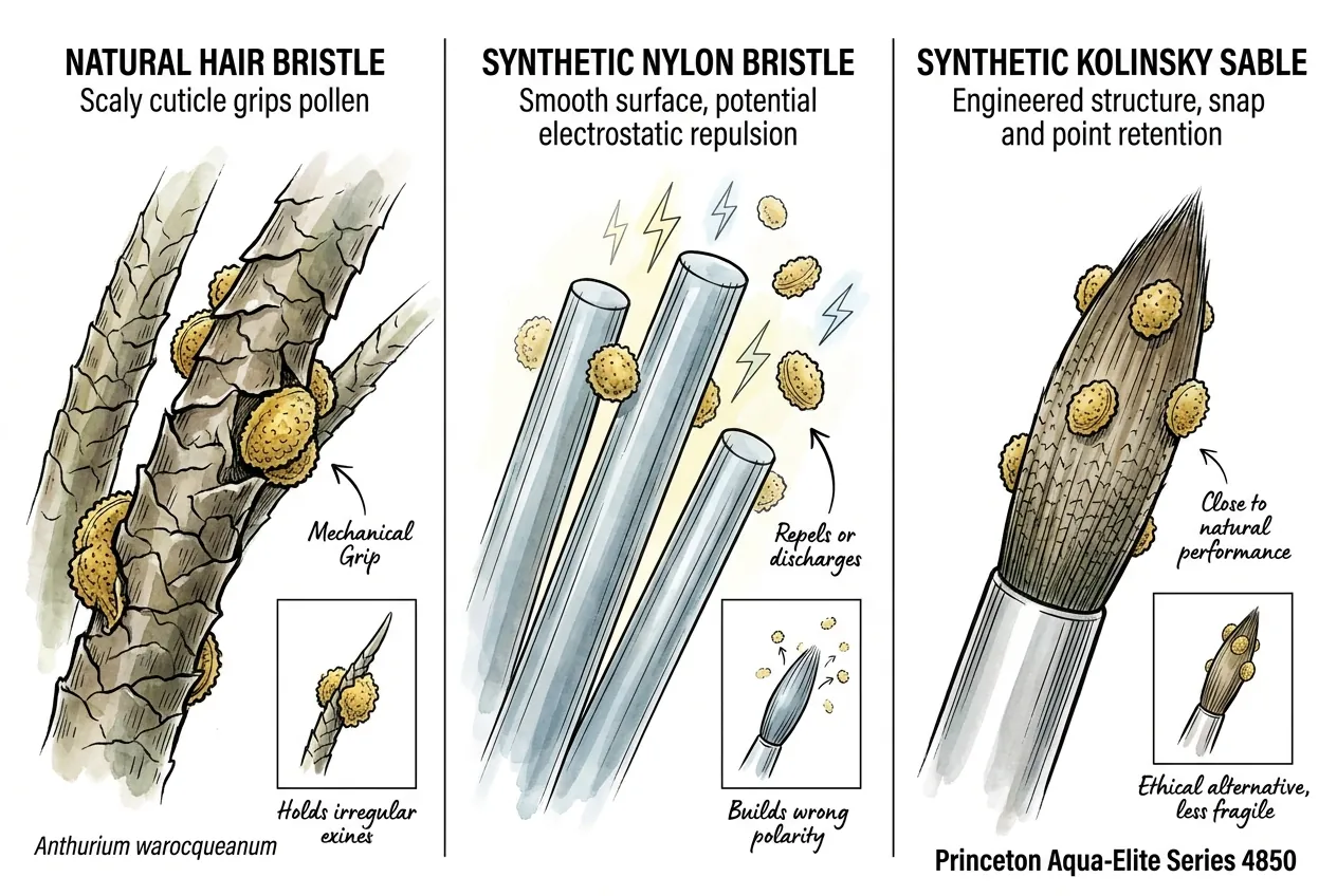 Illustration of a fine size 0 spotter brush picking up cream-yellow pollen from a staminate Anthurium spadix