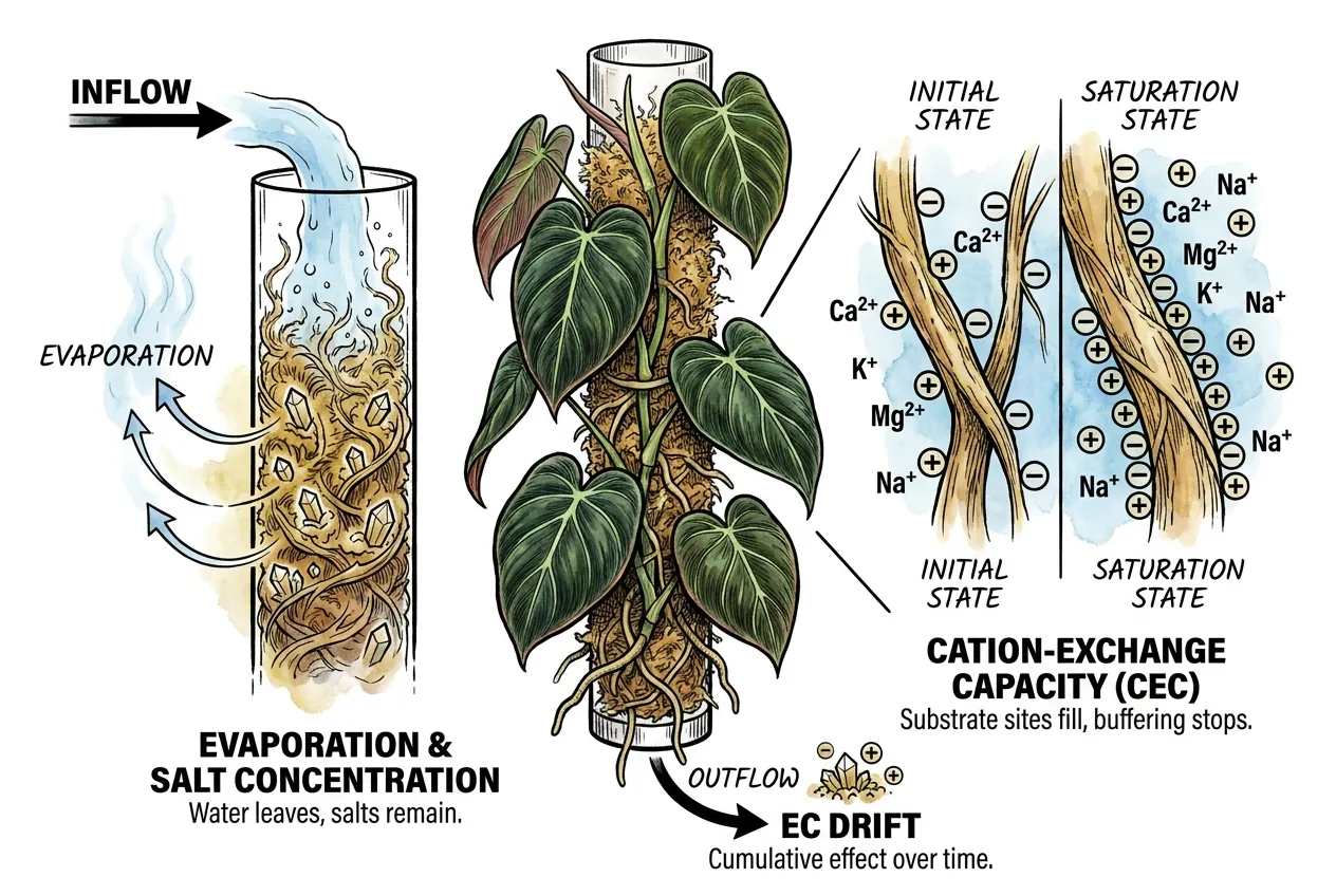 Diagram of water evaporating from a moss pole surface, leaving dissolved salts behind, alongside cation-exchange sites on the substrate