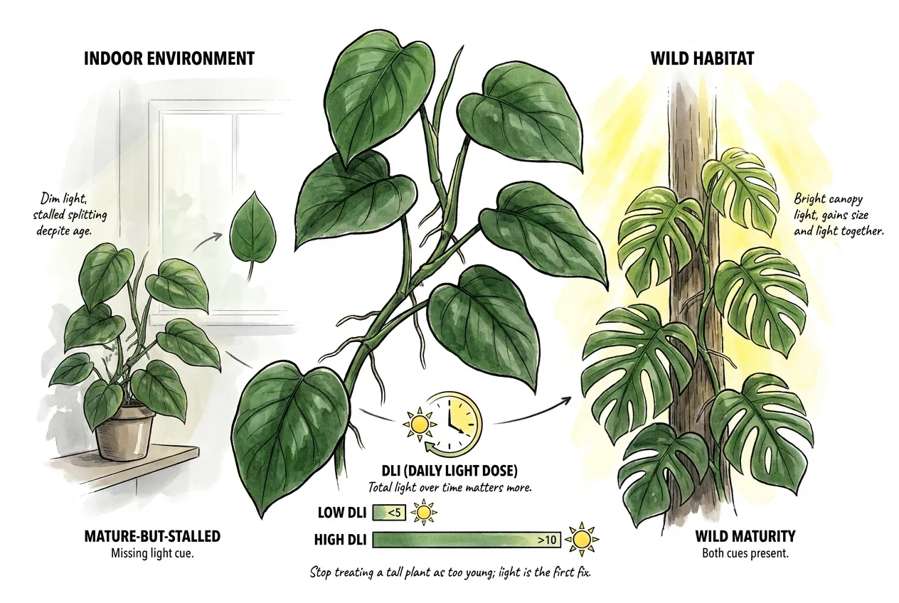 Illustration of a tall plant in a dim corner versus one climbing toward a bright window; DLI figures shown are illustrative, not measured thresholds