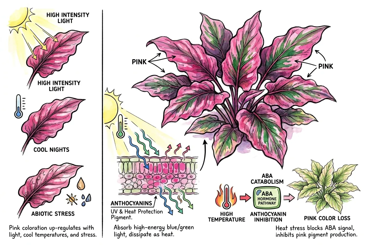 Pink Cryptocoryne leaf with a diagram of light being absorbed above the chloroplasts