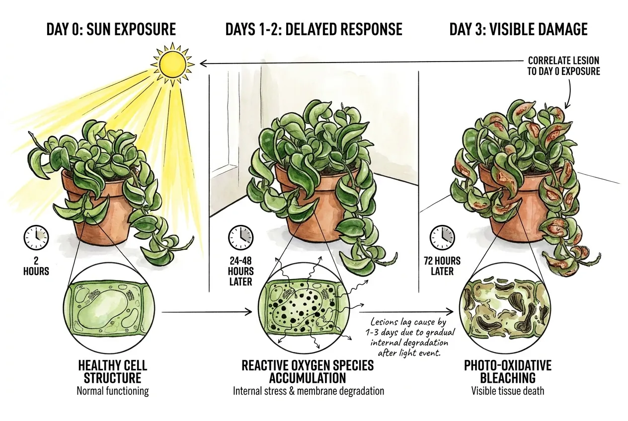 Illustration of a leaf bleaching over the days following sun exposure