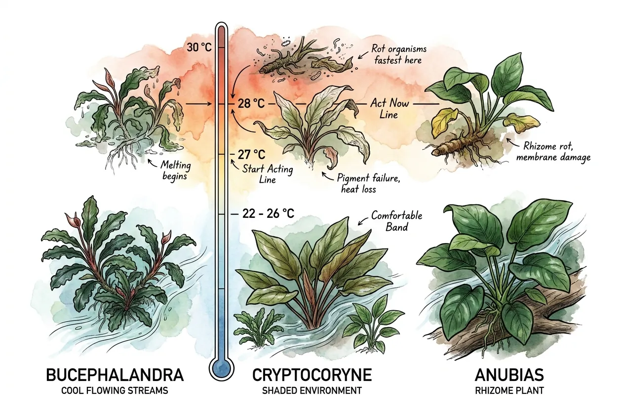 Bucephalandra, Cryptocoryne and Anubias beside a thermometer, illustrating that these genera prefer cooler, shaded stream conditions