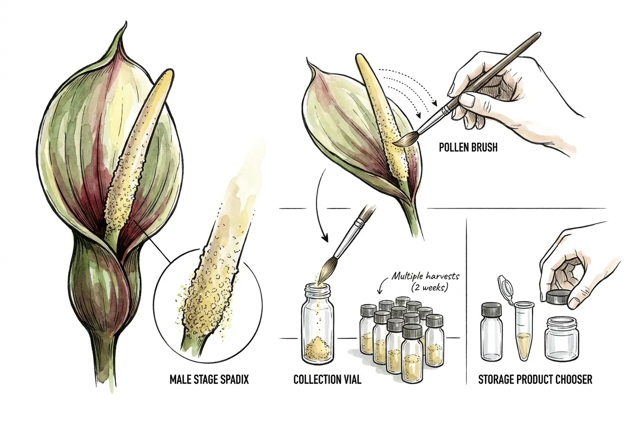 Anthurium spadix in its female stigmatic-fluid phase and its later male pollen-shedding phase, with pollen collected onto a tool