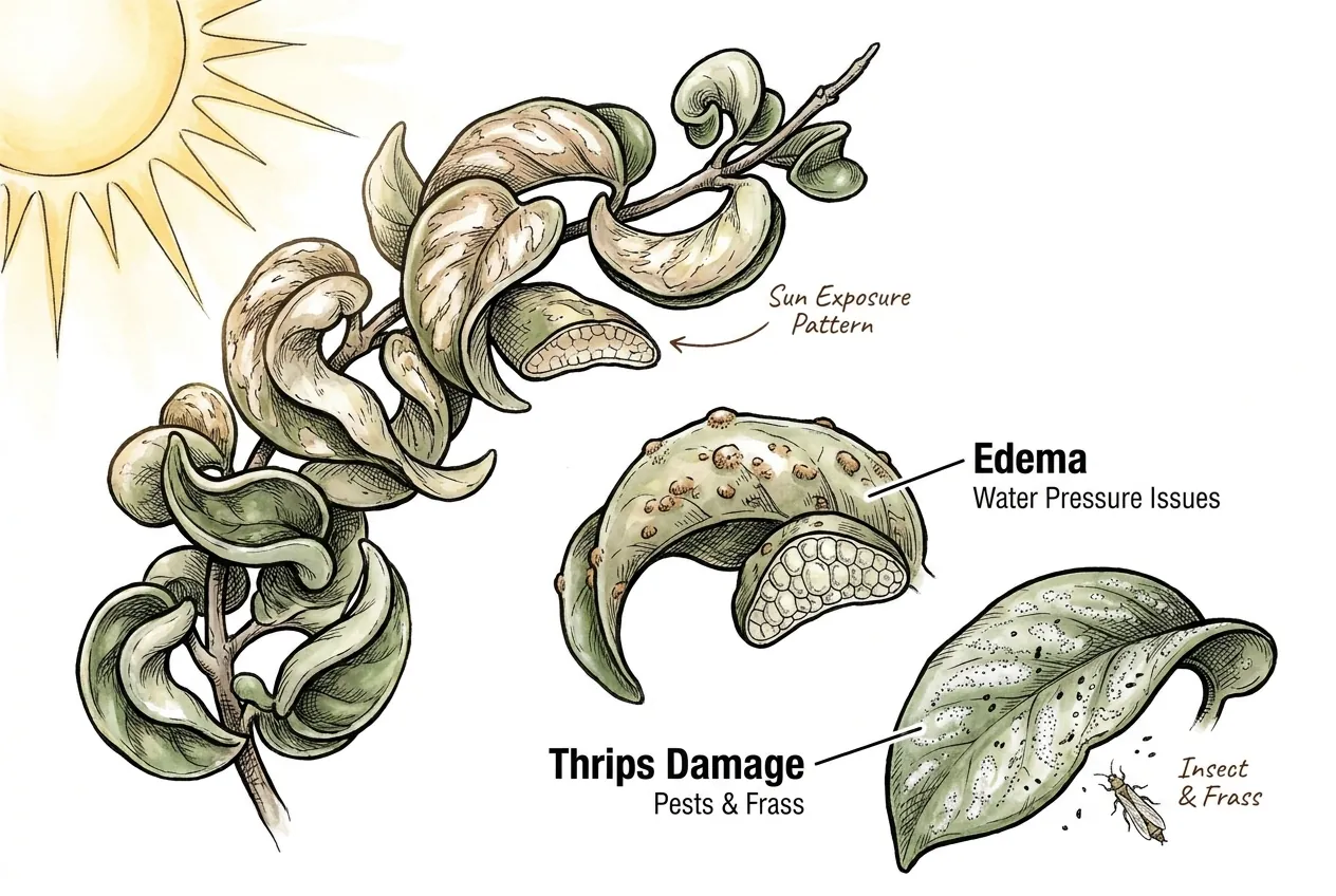 Illustration comparing sun scorch, corky edema bumps, and thrips stippling on leaves