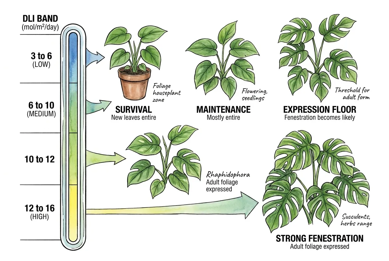 Illustration of a DLI gauge from low to high with broad houseplant groups in each band; band labels are general planning categories, not Rhaphidophora-specific outcomes
