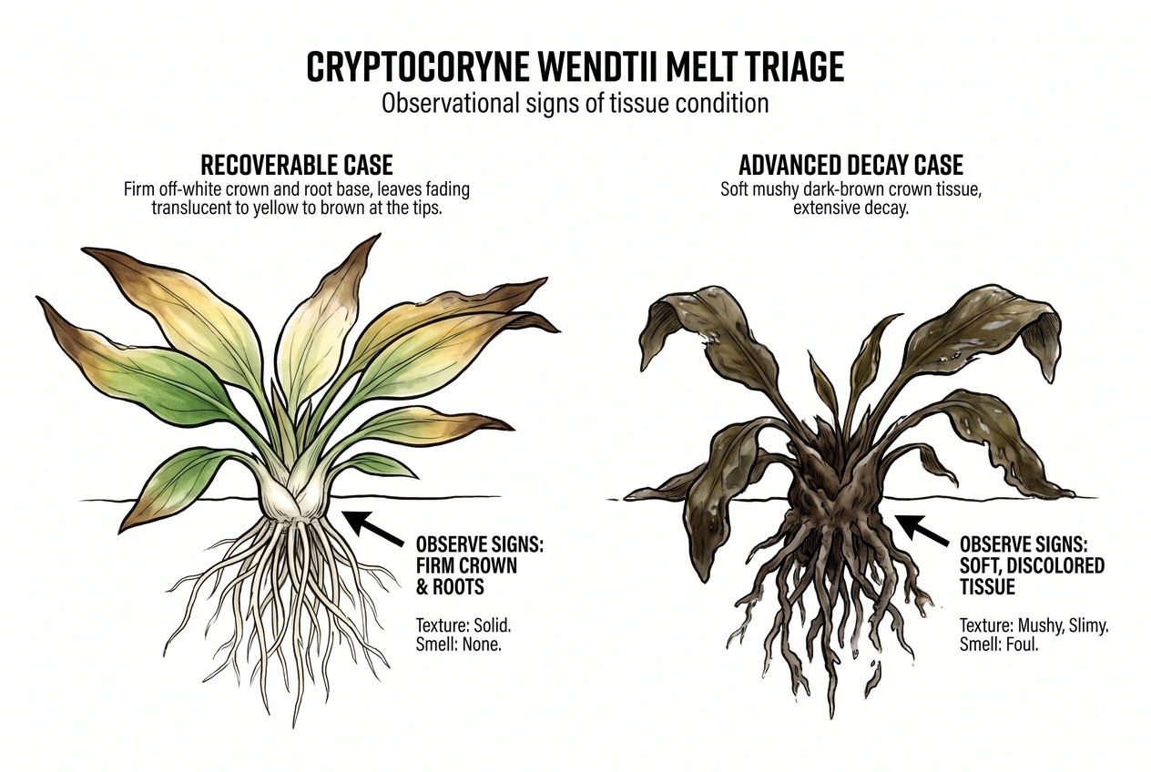 Side-by-side white firm rhizome and dark mushy rhizome diagnostic comparison