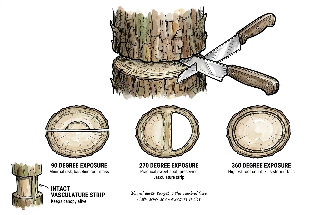 Illustration comparing 90, 270 and 360 degree wound exposures on a cycad trunk