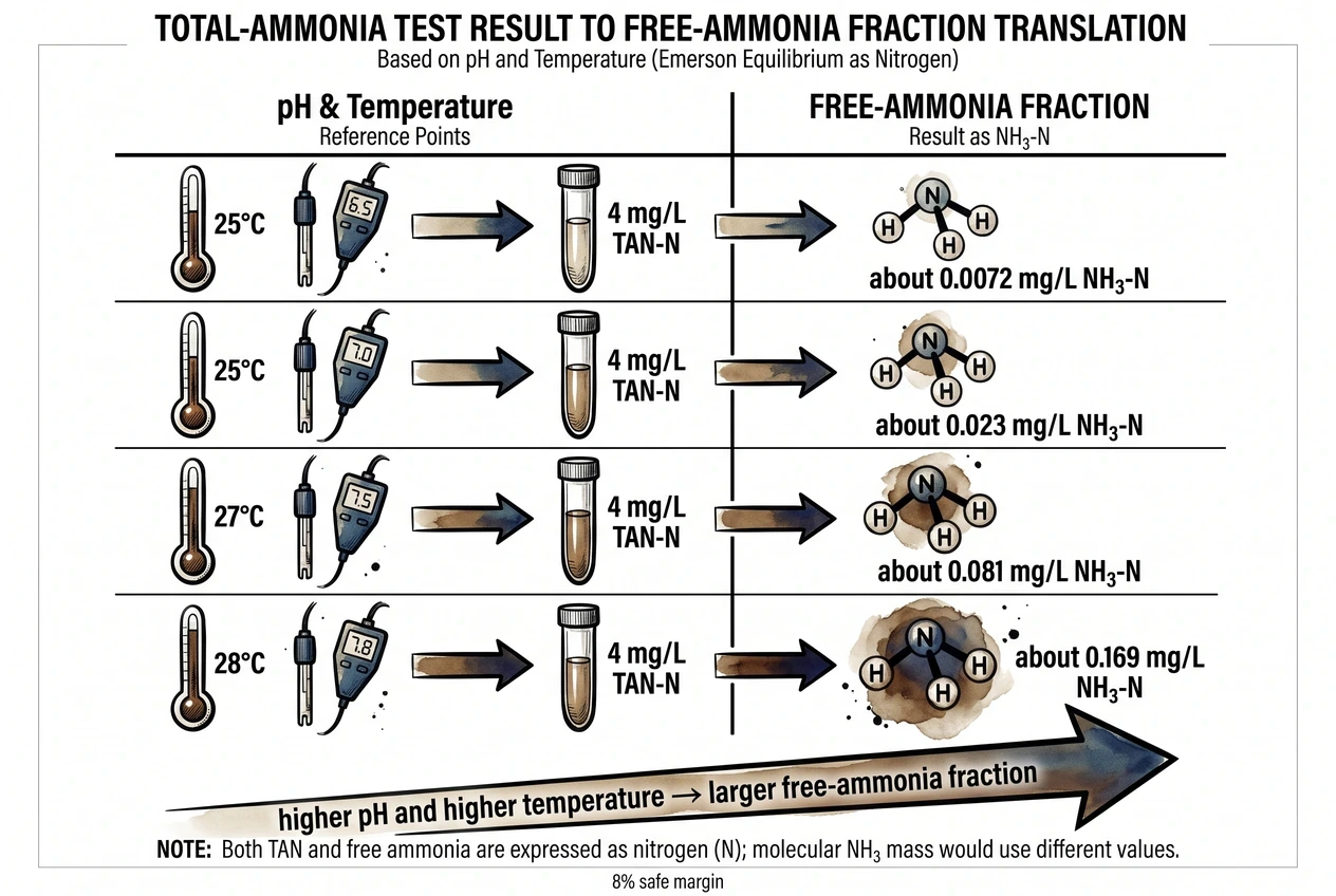 Free NH3 lookup values by pH and temperature for translating a total ammonia reading.