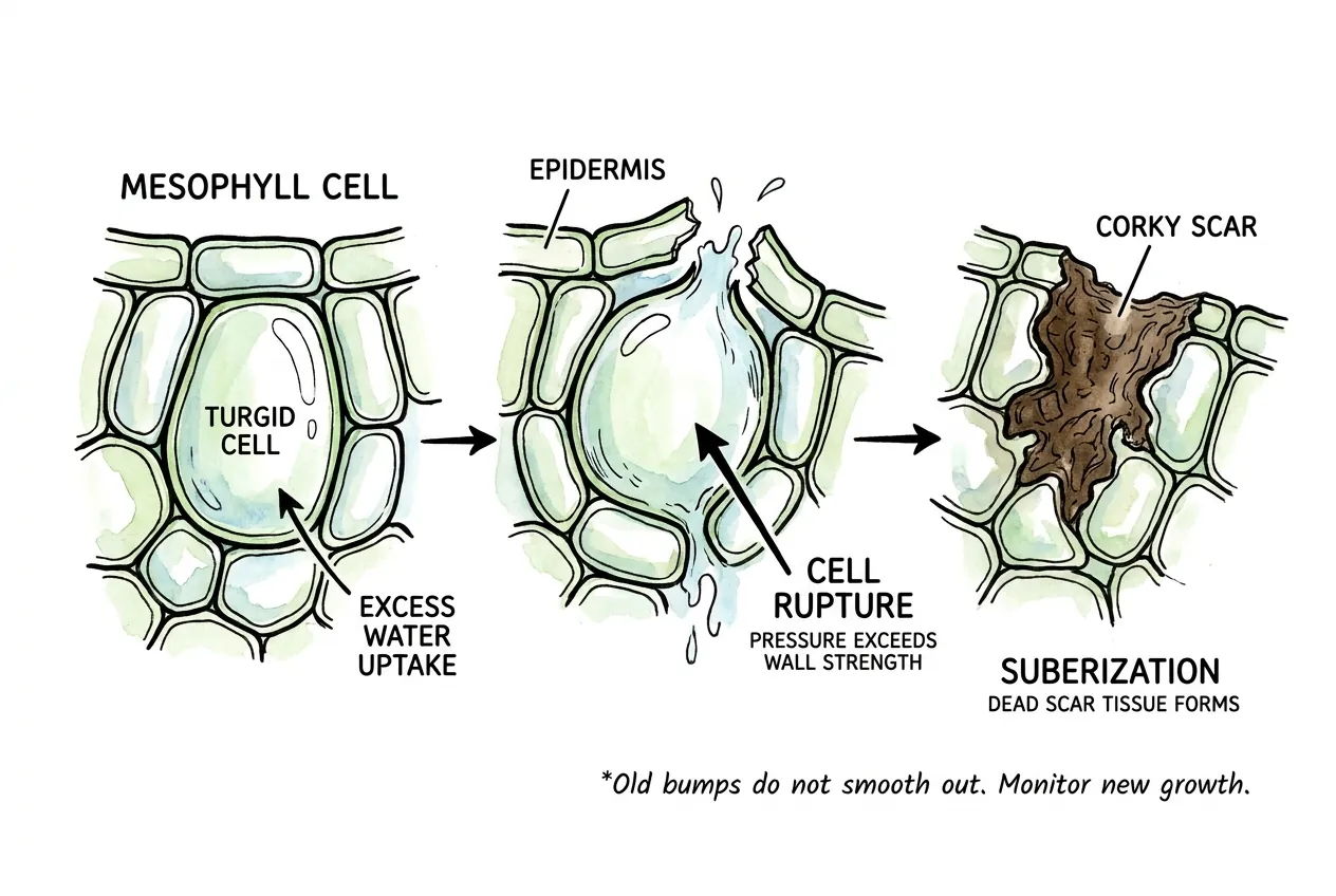 Cross-section of leaf mesophyll cells swelling and bursting into corky scar