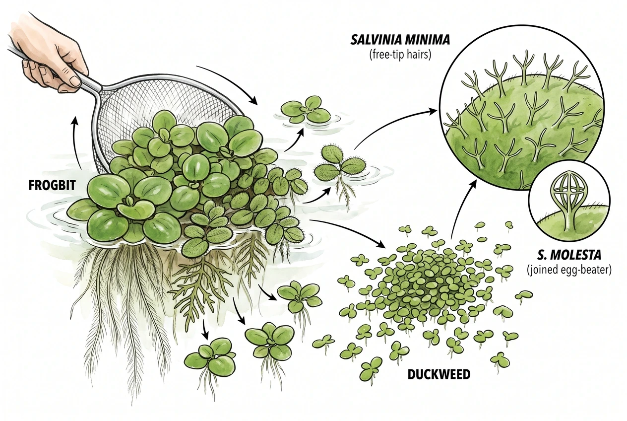 Salvinia and frogbit lifting in loose sheets while duckweed scatters apart