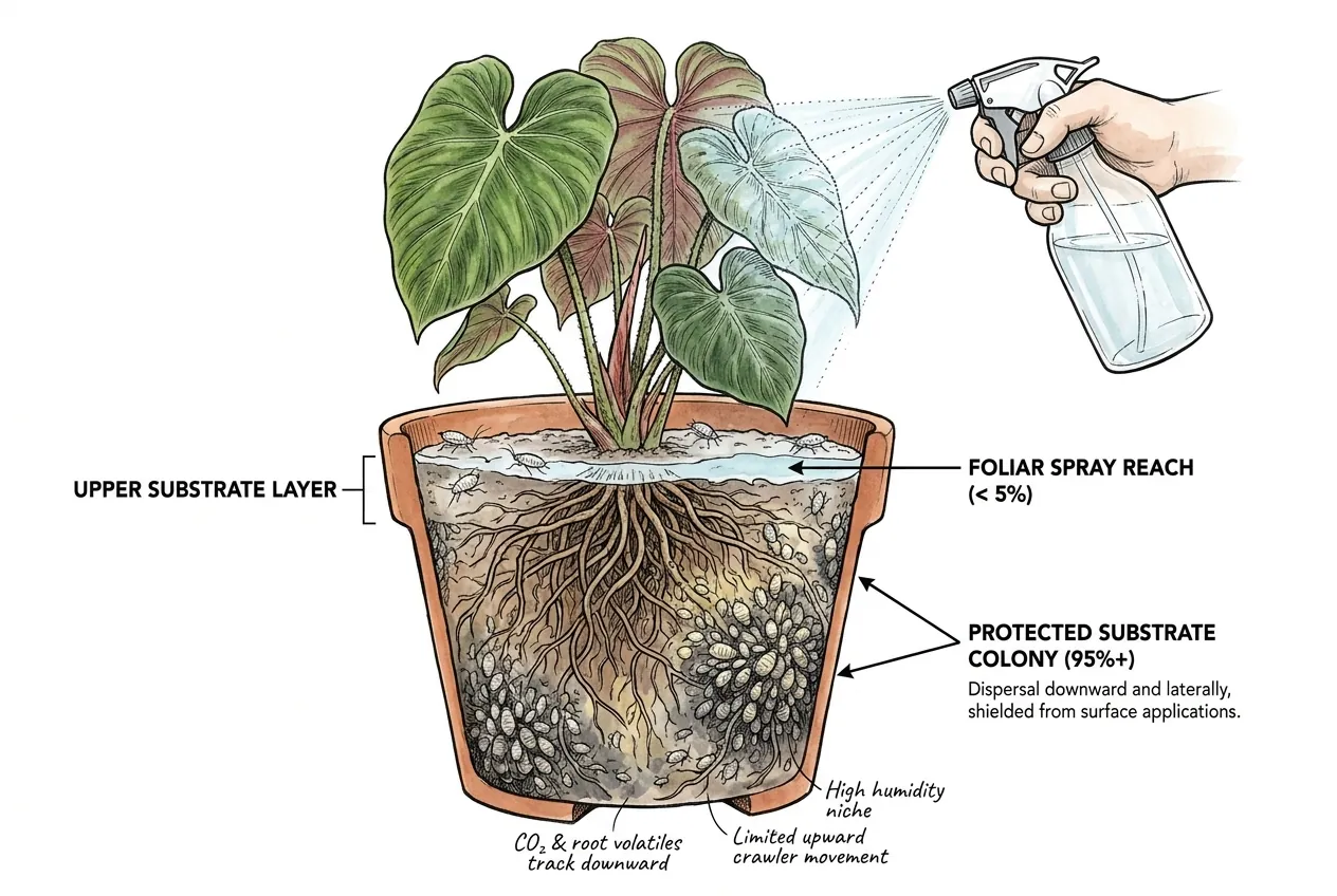 Conceptual cross-section of a potted aroid with the mealybug colony mostly below the substrate line.