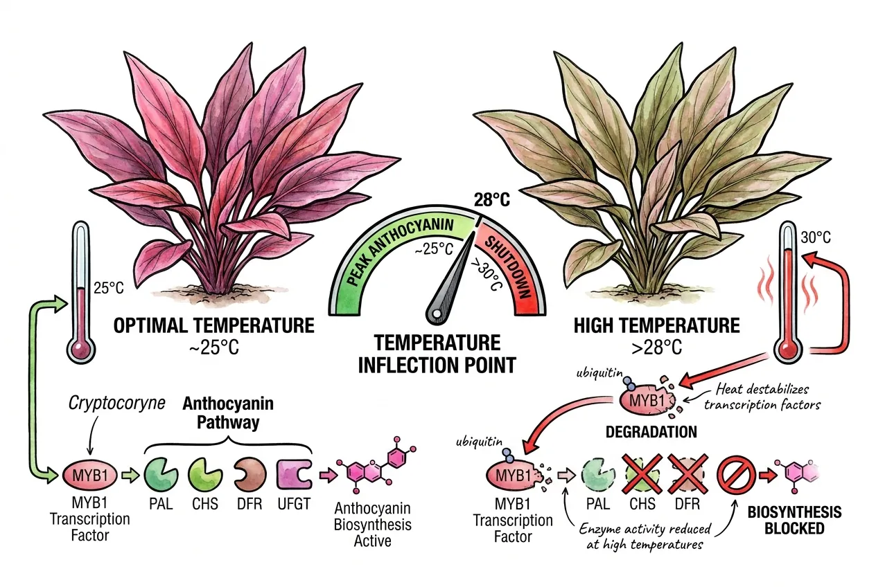 Diagram of anthocyanin pathway enzymes and a temperature axis