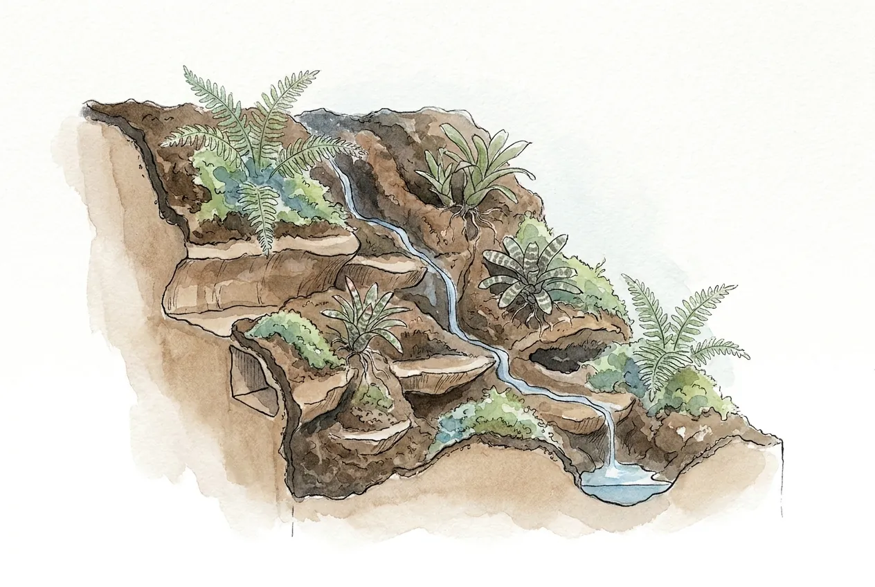 Watercolor of a finished three-dimensional vivarium back wall with sculpted ledges, ferns and mosses, and a thin waterfall trickling into a pool.