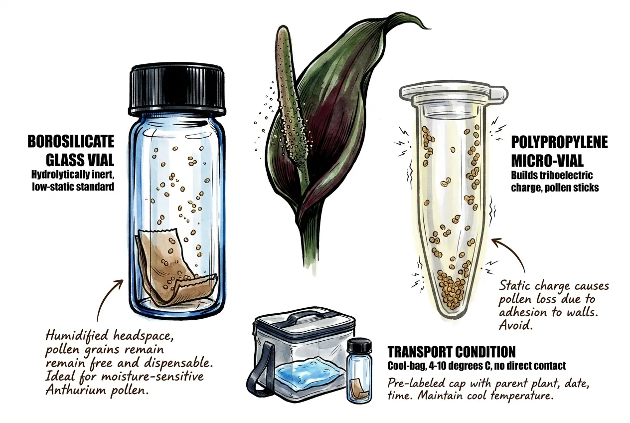 Illustration of a labelled borosilicate glass vial with a screw cap holding collected Anthurium pollen, kept in a cool container
