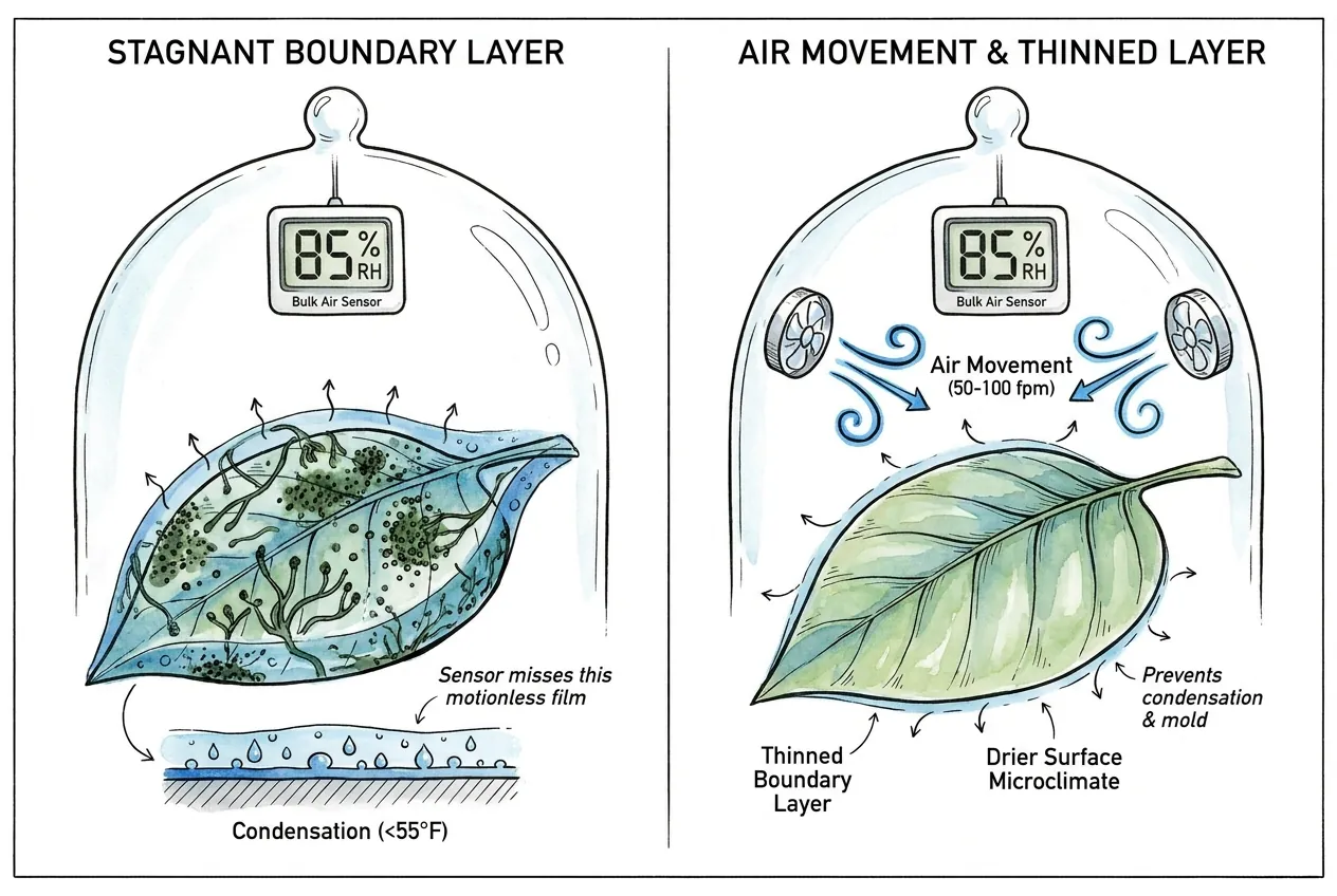 Diagram contrasting a stagnant humid boundary-layer film on a leaf with a thinned, better-mixed surface, both under 85% bulk RH