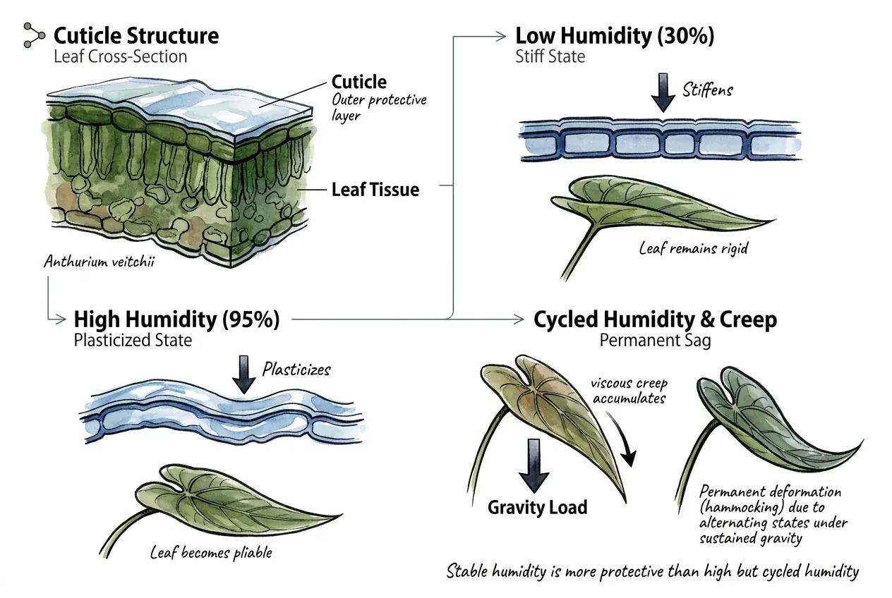 Schematic of a leaf cuticle shown stiffer at low humidity and softer at high humidity
