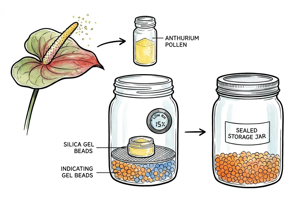 Pollen drying in a jar with indicating silica gel beads, shown alongside blue-tinted beads and a humidity reading