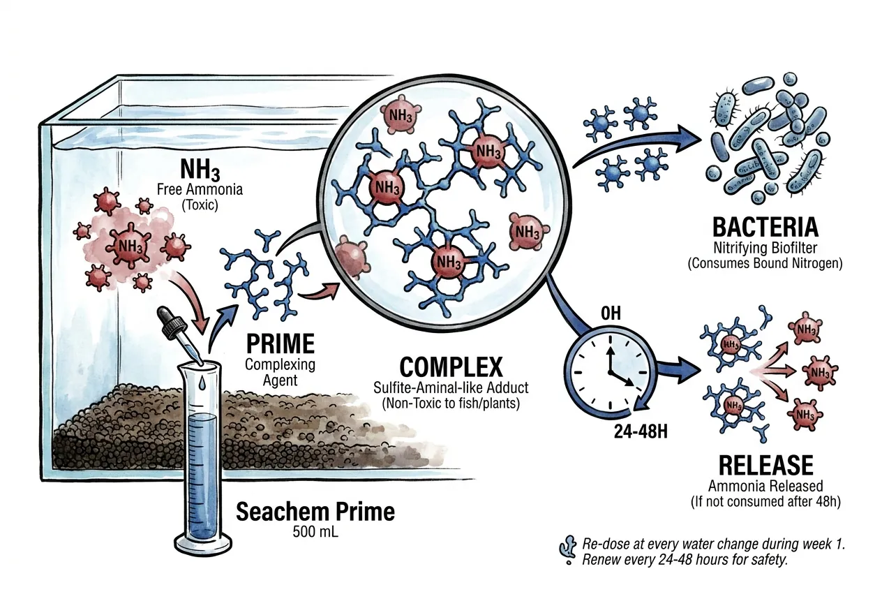 Seachem Prime bottle with a schematic of temporary ammonia detoxification over a roughly 48-hour window.