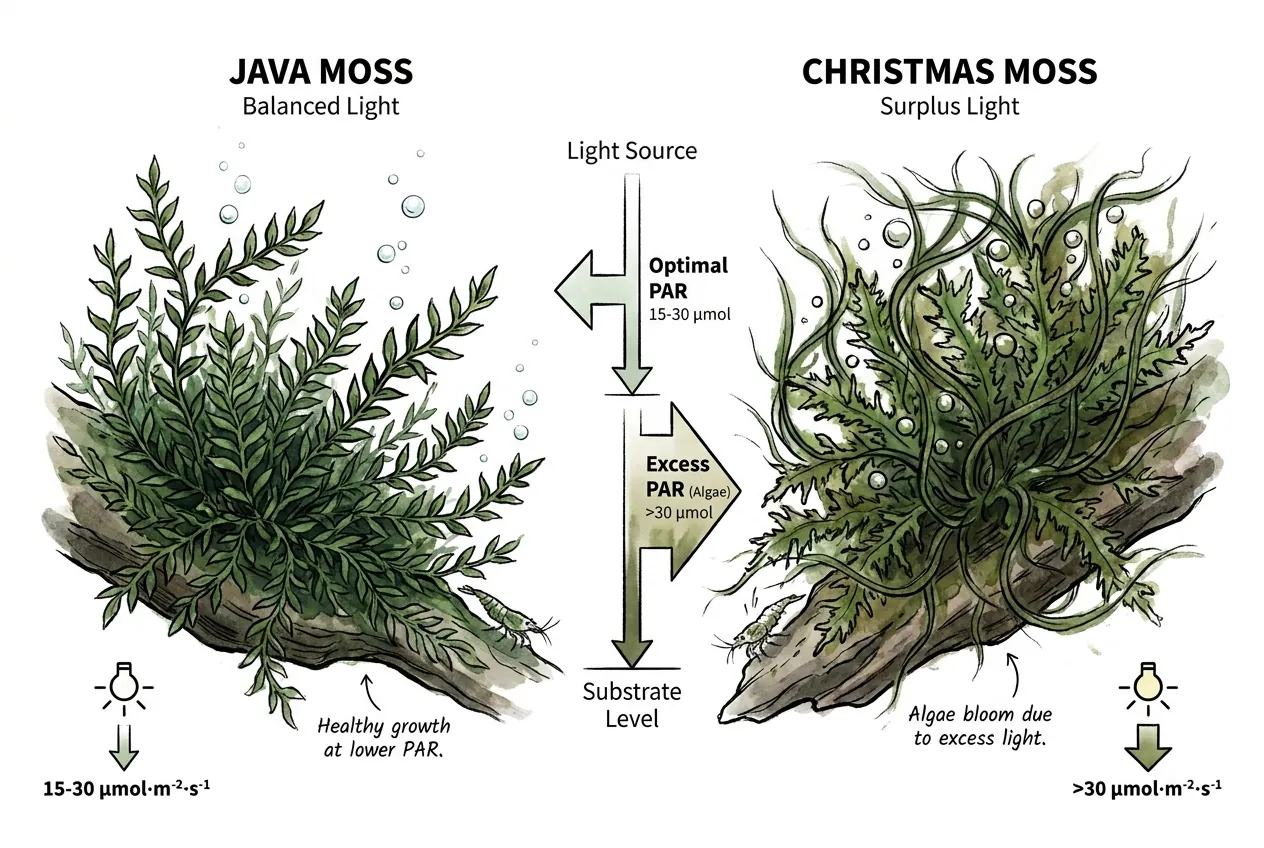 Illustration of light reaching a moss carpet at substrate level