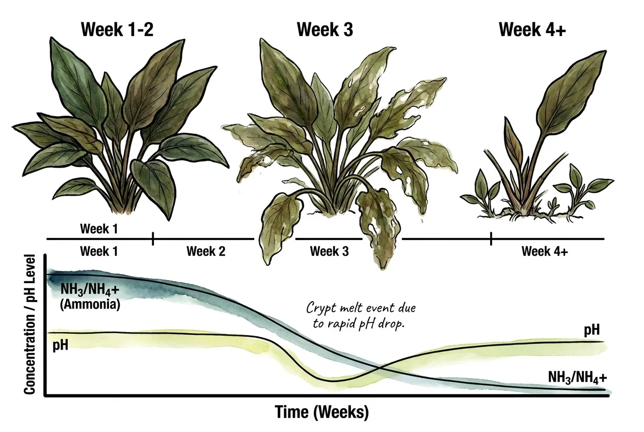 Week-by-week ammonia spike and pH crash curve in a new Aquasoil tank