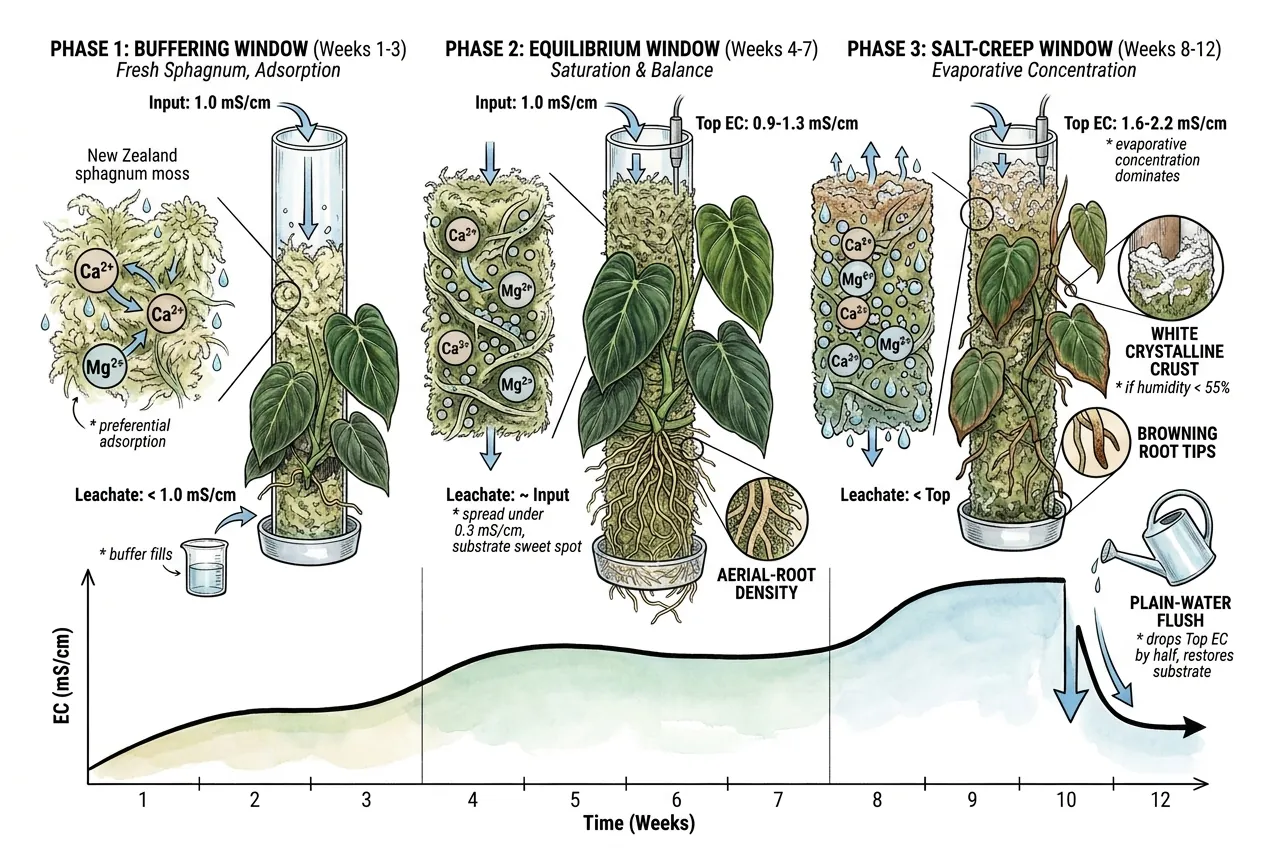 Schematic of three qualitative phases of salt behavior on a sphagnum pole: early uptake, an equilibrium period, and later build-up without flushing