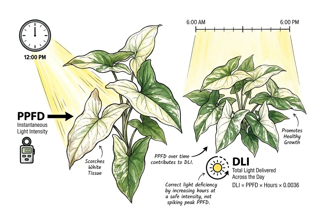 Conceptual diagram contrasting instantaneous light intensity (PPFD) with total light accumulated over a day (DLI)