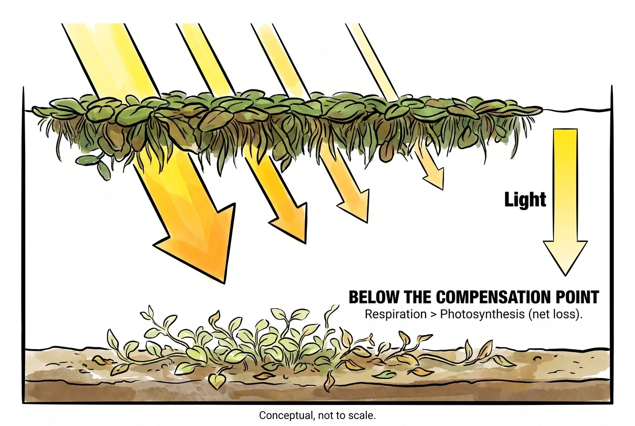 Light fading through a floating mat toward a struggling carpet plant below