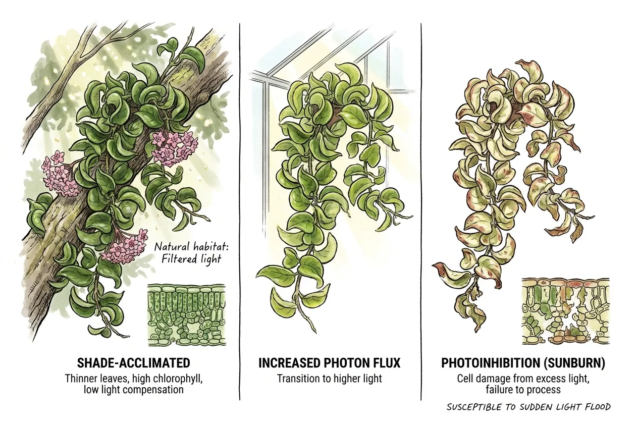 Illustration of a Hoya vine climbing a forest trunk under dappled canopy light