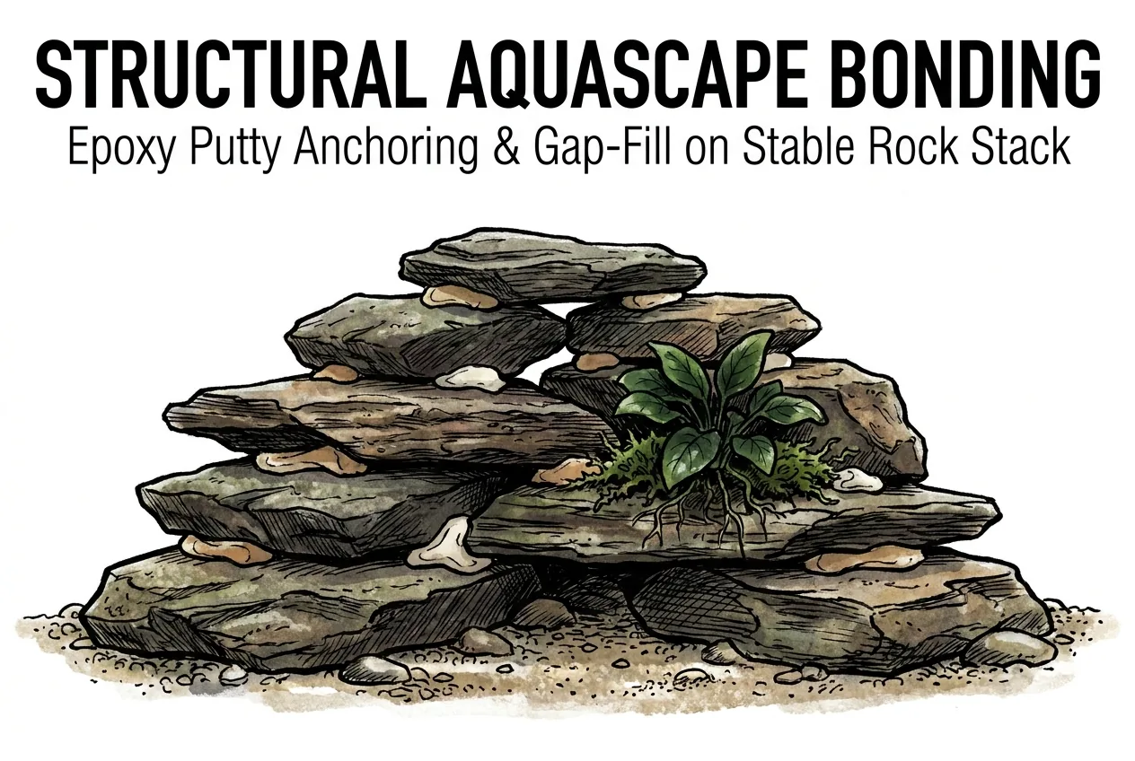 Watercolor underwater scene of stacked aquascape stones forming a cave and arch on the substrate, with Anubias and moss attached and small fish swimming through.
