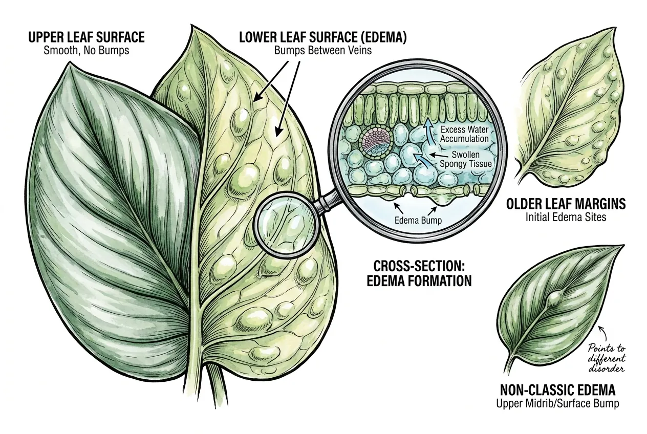 Leaf underside with bumps clustered between veins near the stomata