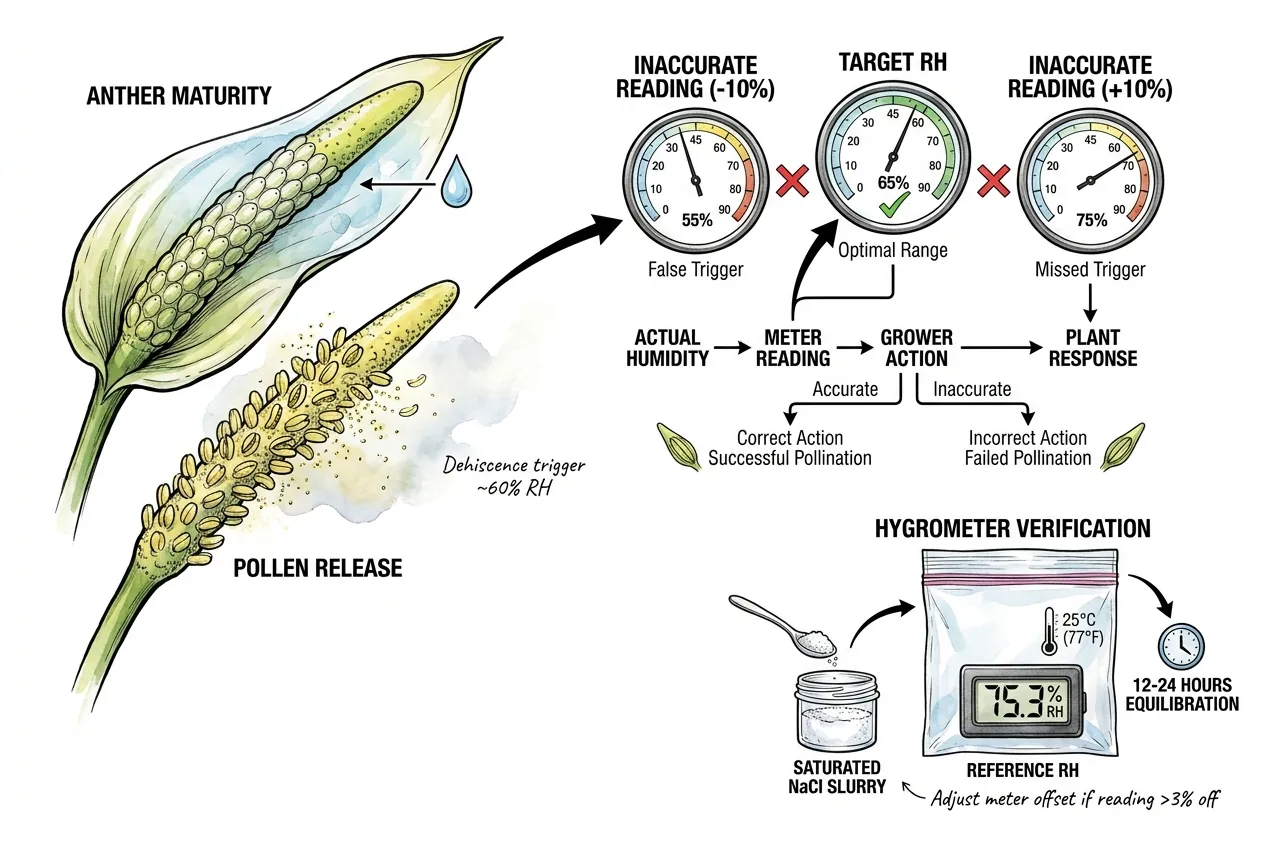 Illustration of a digital hygrometer beside an Anthurium spadix, with a small saturated-salt calibration setup for checking the meter
