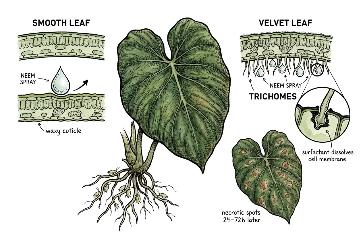 Conceptual close-up of trichomes on a velvet Philodendron leaf with a spray droplet held among the hairs.