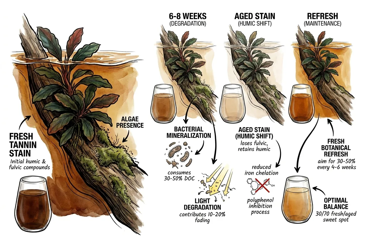 Botanical aging timeline showing color decay over six weeks