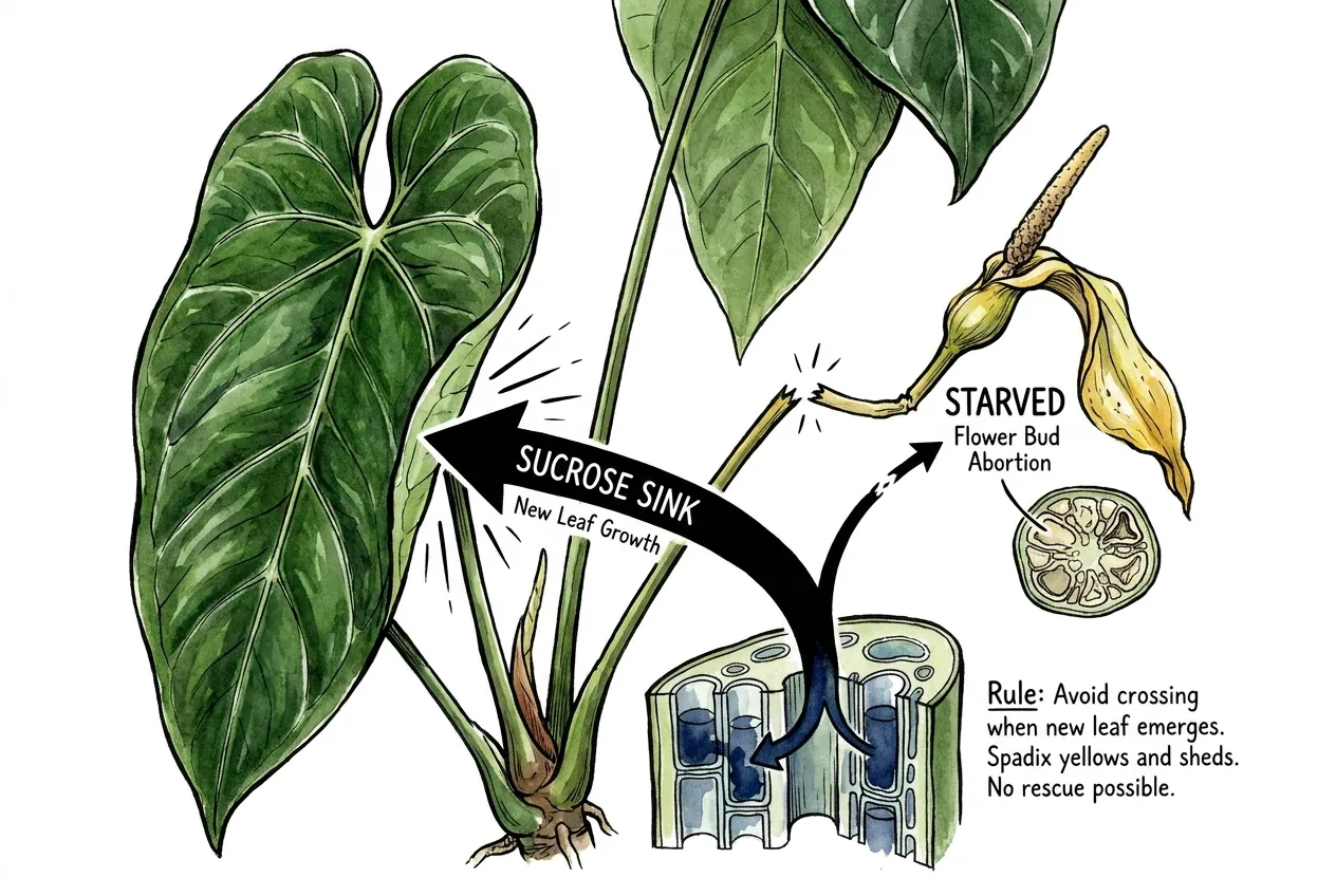 Illustration showing an Anthurium plant with an emerging new leaf beside a yellowing spadix, with a simple sugar-flow diagram suggesting the leaf as a competing sink