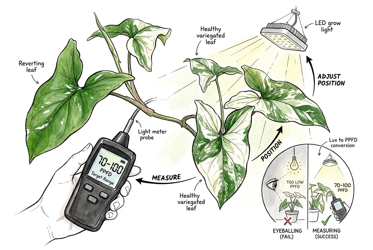 Conceptual illustration of a grow bar above a Syngonium with a handheld light meter at the leaf surface