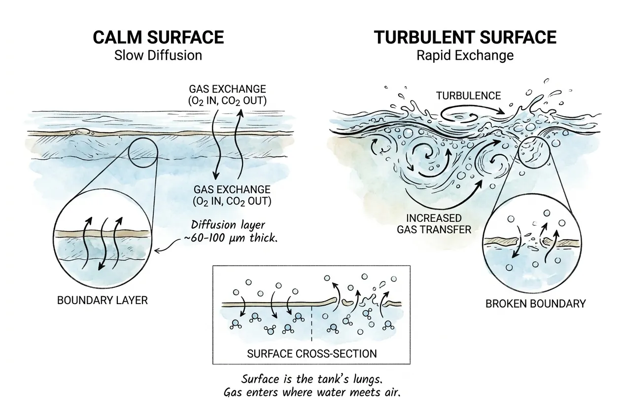Diagram comparing a calm versus rippled aquarium surface and the thin diffusive boundary layer at the interface