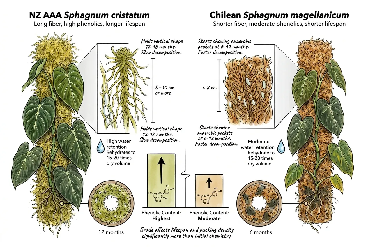 Long, robust New Zealand sphagnum strands next to shorter, denser Chilean sphagnum strands