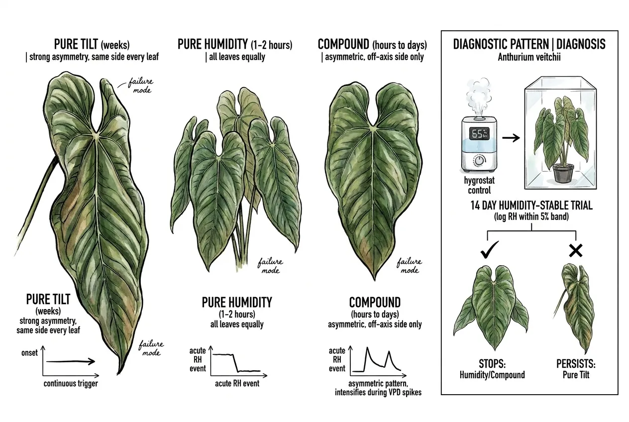 Illustrated table contrasting tilt, humidity, and combined patterns of leaf sag on a stylised aroid leaf