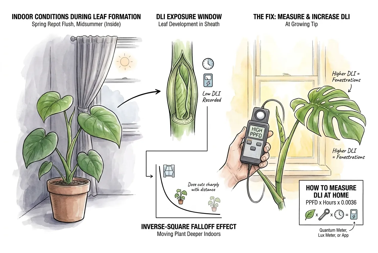 Illustration of light dropping with distance from a sunny window onto a potted plant, plus the DLI formula at the growing tip
