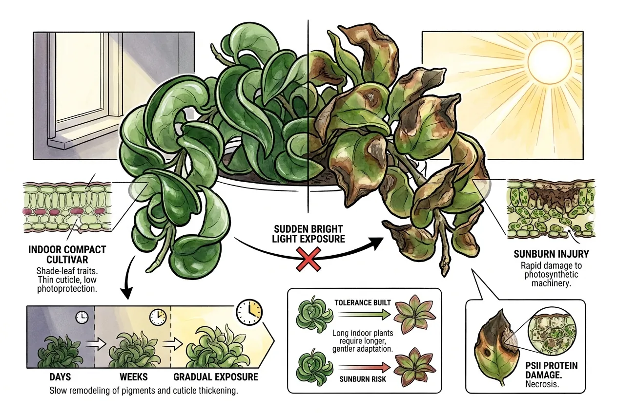 Illustration of a thin shade leaf beside a thicker sun-acclimated leaf