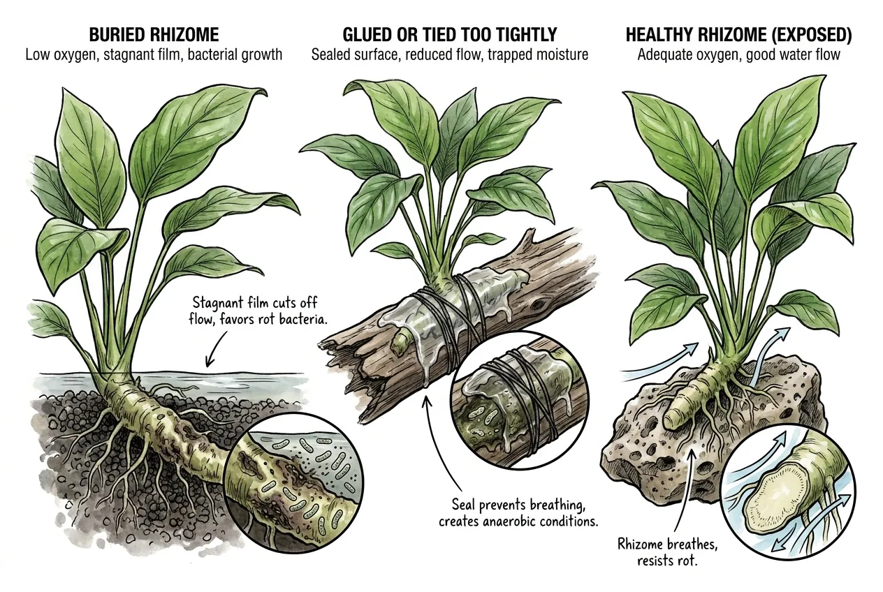 Diagram comparing a rhizome buried in substrate with one mounted in open water