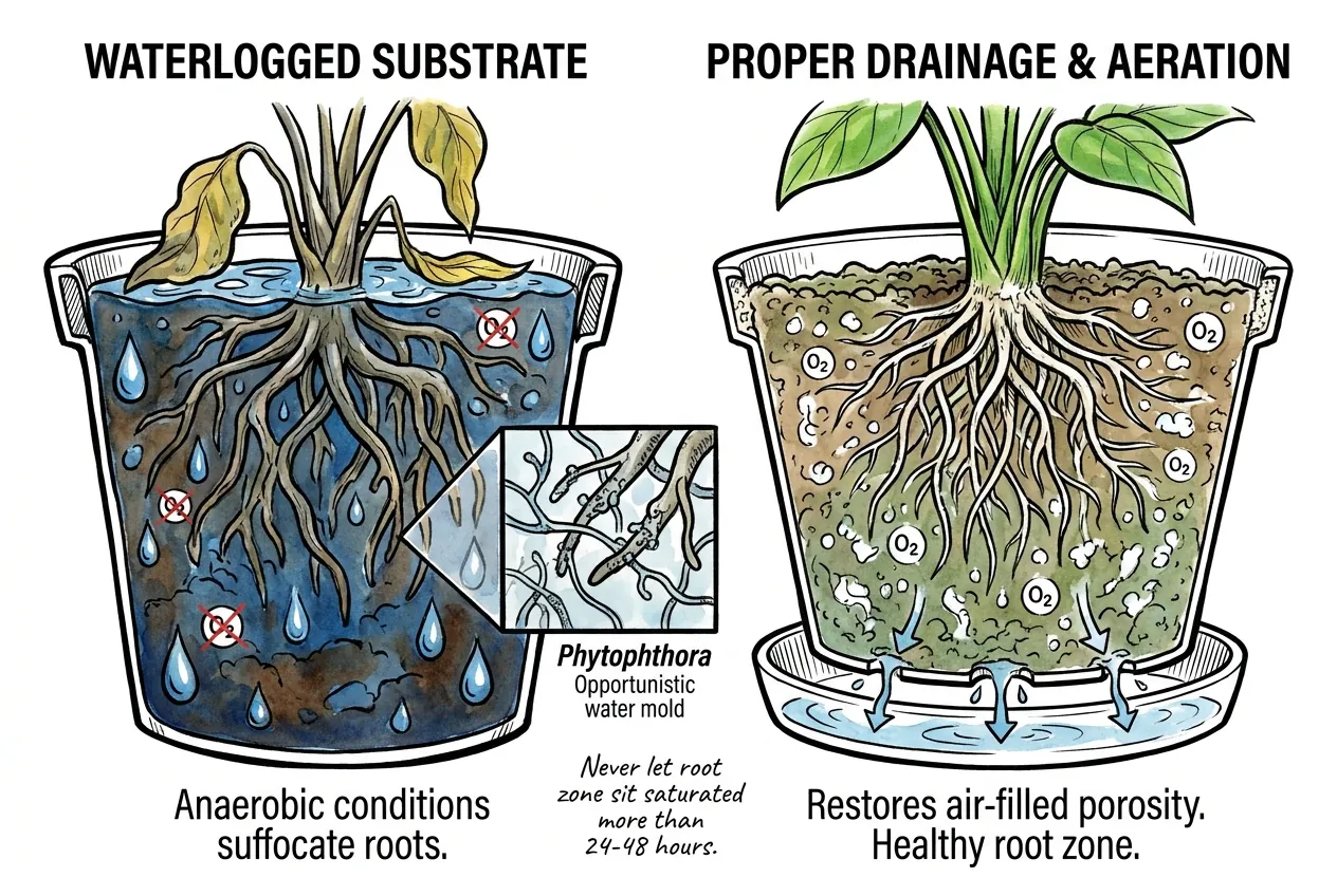 Diagram contrasting a waterlogged low-oxygen root zone with a drained, aerated one